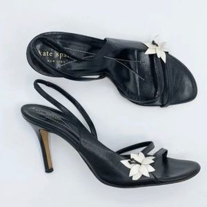 Kate Spade Montage Black Strappy Slingback Heels w/White Flower Appliqué Sz 9